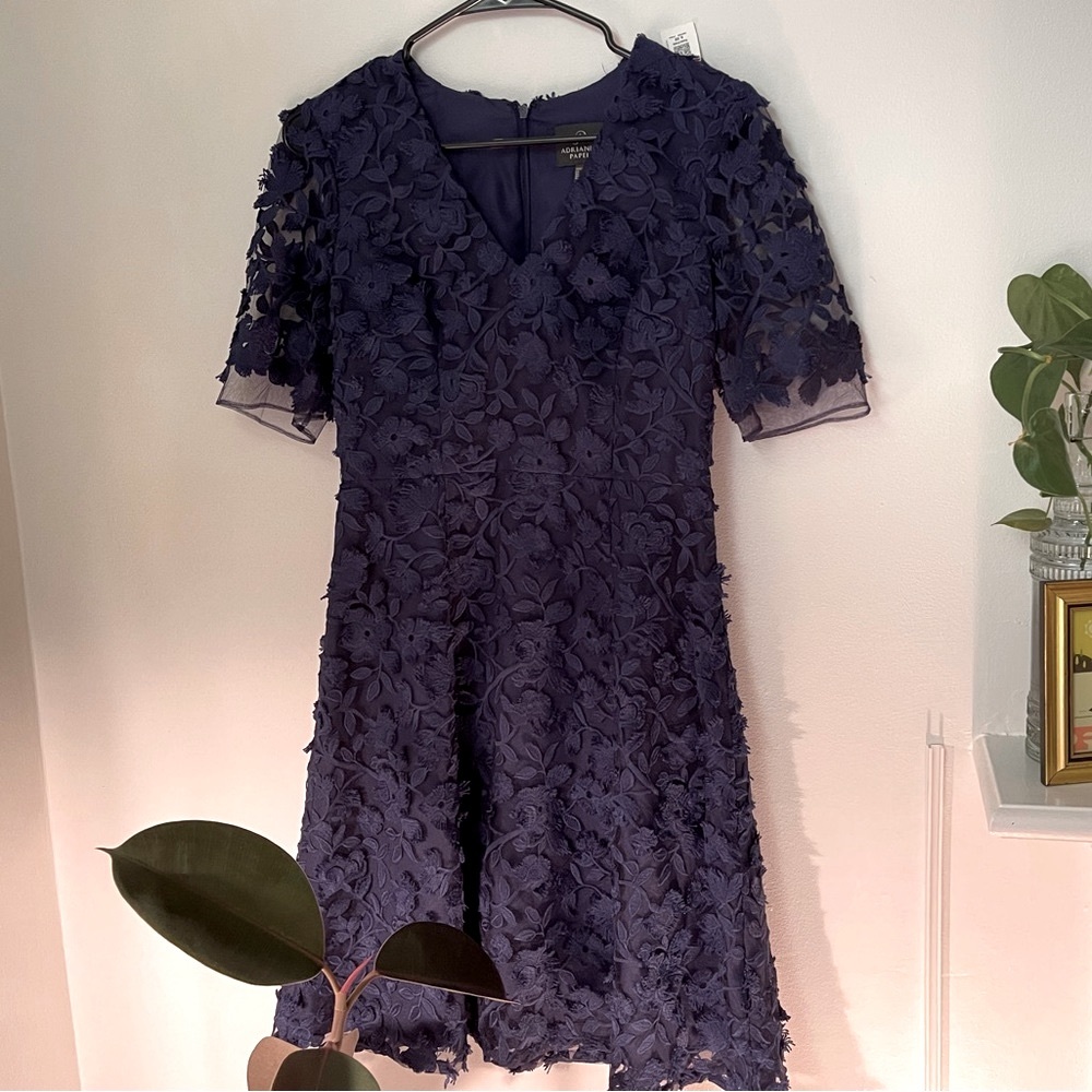 Adrianna Papell Dress, formal blue floral appliqué short dress, NWOT, size 2